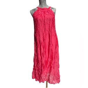 Sleeveless Crinkled Summer Halter Midi Dress in Bright Pink Silk Blend